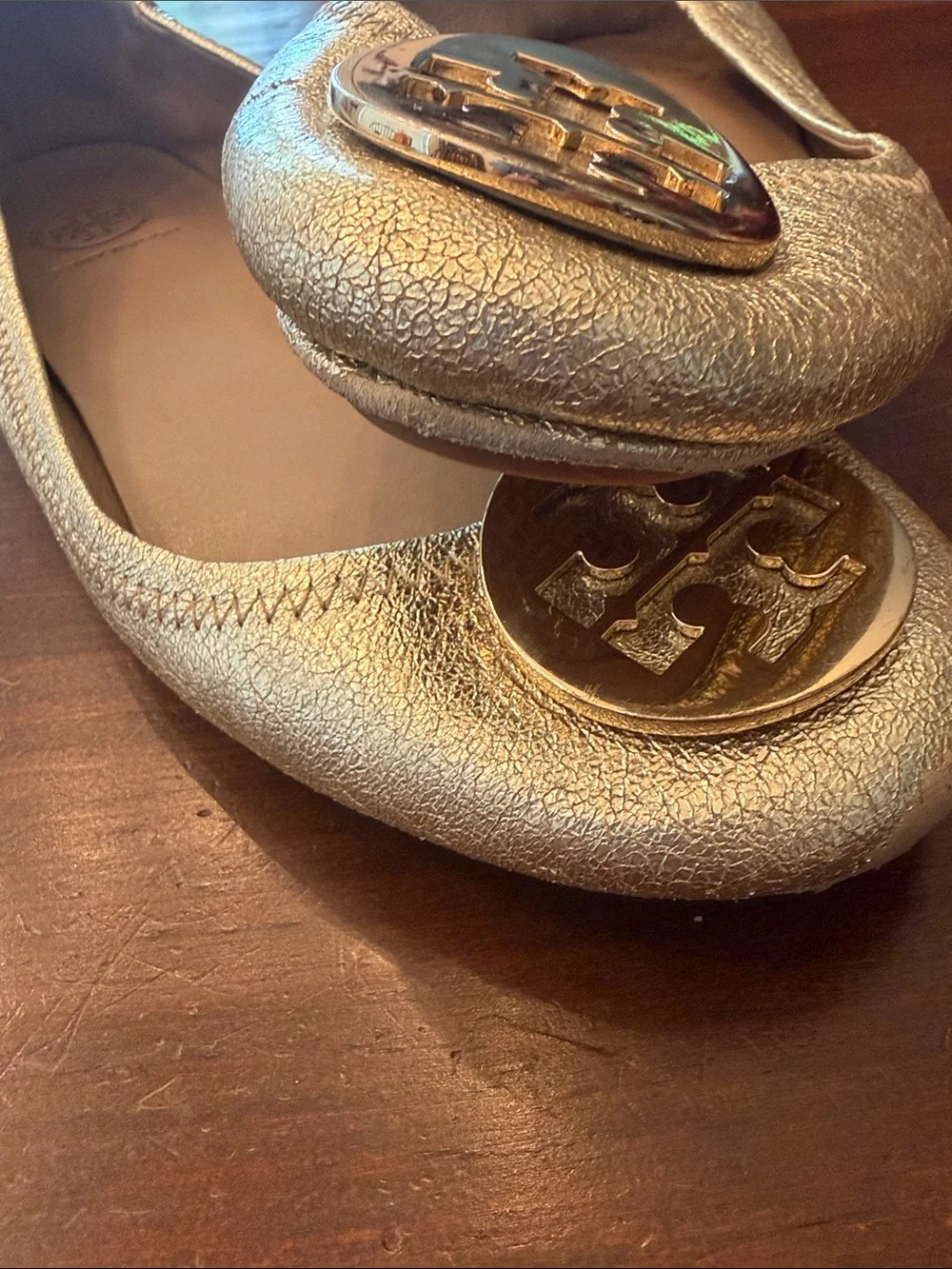 Tory Burch Metallic Gold Logo Ballet Flats